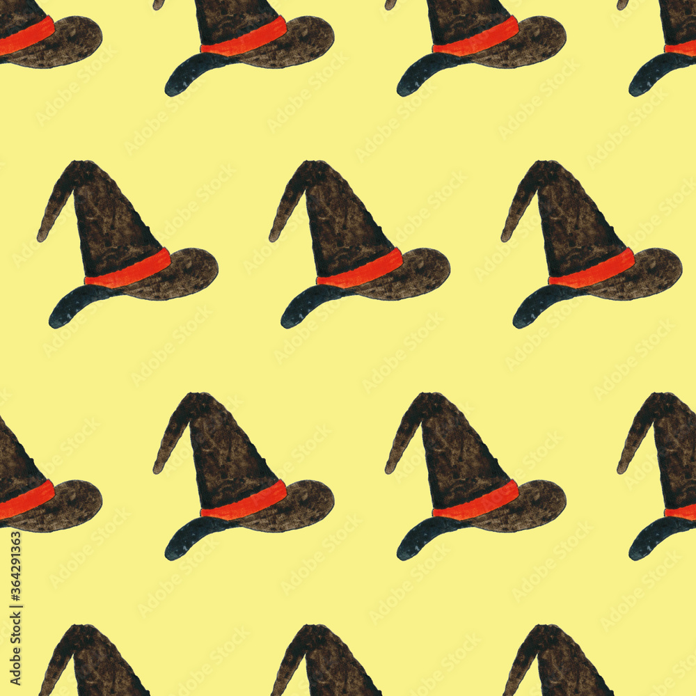 Seamless pattern with watercolor witch hat on yellow board. Design element for Halloween. Symbol of witchcraft. Magician or wizard hat. Print for textile, greeting cards, wrapping paper, decor, design