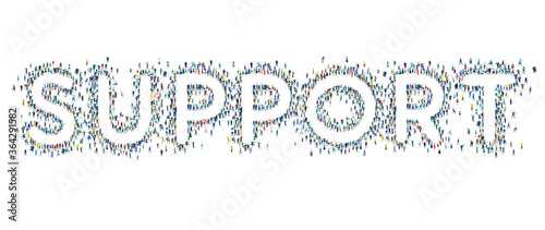 SUPPORT made of lots little people different age and professional background. Crowd, world, citizens, population. 