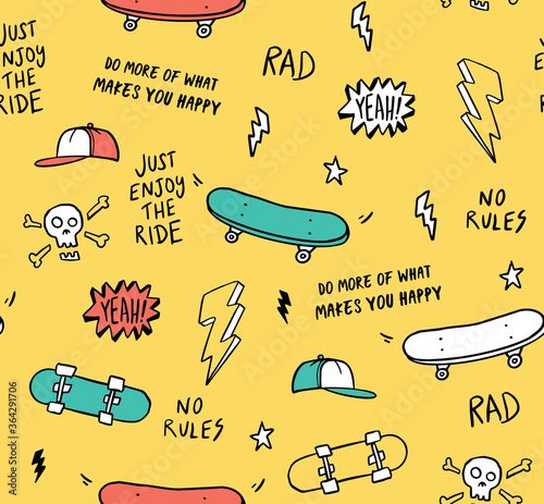 Hand drawn skateboarding elements seamless pattern. Skate background. Skateboarding doodle illustration. Vector illustration. Seamless pattern with cartoon skull, skateboard, hat etc.
