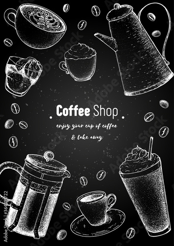 Coffee cups, french press, coffee pot and beans illustration. Vintage design for coffee shop. Engraved vector illustration.
