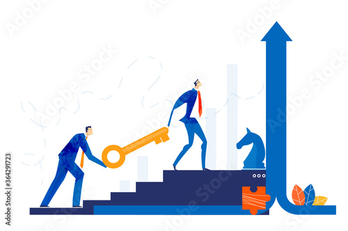 Business people caring the golden key up to the growth chart. Success, security and  support idea