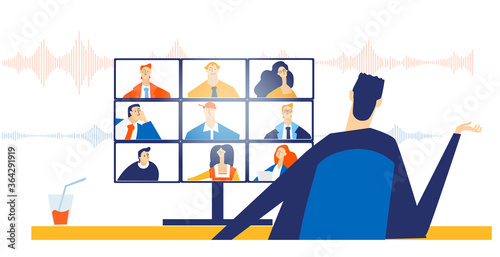 Businessman having online meeting with his team. Working from home, working remote. Self employed. Business concept illustration