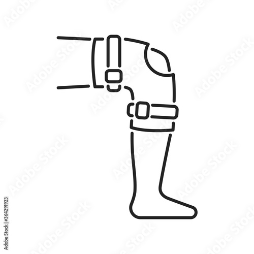 Orthopedic leg joint bandage black line icon. Rehabilitation and treatment after injuries and muscle strain. Isolated vector element. Outline pictogram for web page, mobile app, promo.