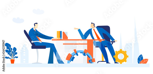 Business people working in office under the stress, working long hours. Stress, tiredness, overloaded with work. Business people talking next to growth chart. Business in the City