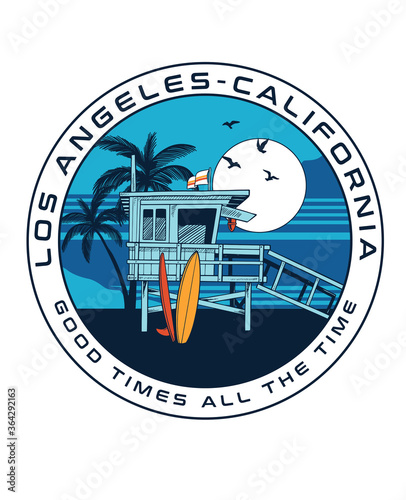 Vintage surfing club print with Lifeguard tower, palm trees, surfboards and birds vector illustrations. California, Los Angeles theme print.  