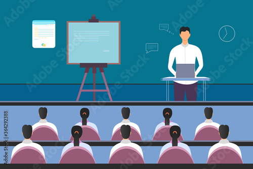 A vector illustration of businessman speaking at a podium in a conference or seminar