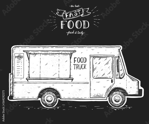 Food truck sketch vector illustration. Fast food design template. Engraved style.