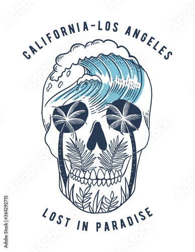 Vector skull illustration with palm trees , leaves and  waves. For t-shirt prints, posters and other uses.