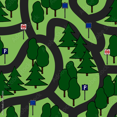 seamless pattern, vector illustration in cartoon style in bright color, background with roads, cars, ornament for wallpaper and fabrics