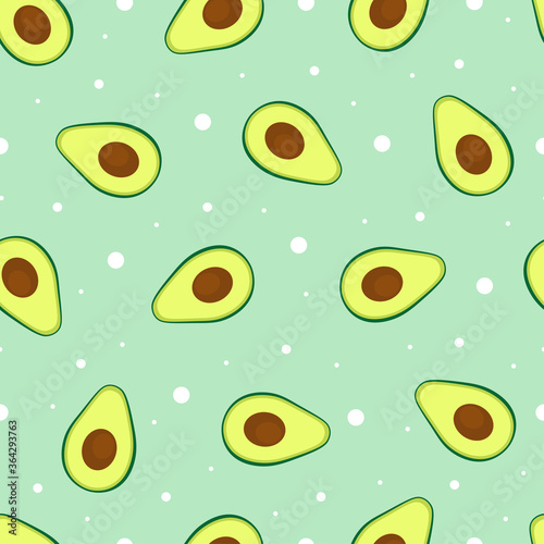 Seamless vector pattern Avocado on polka dot background Hand drawn in cartoon style Fruit pattern