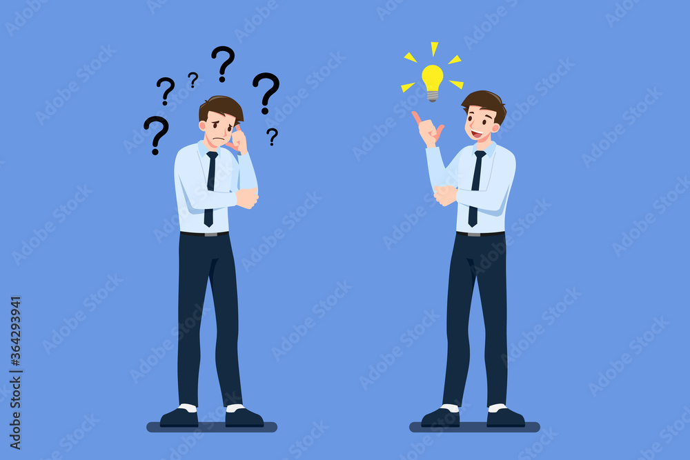 Thoughtful businessman character with crossed arm have a question. But another business worker have a big idea with lightbulb. Different way show what thinking they are in business concept. Thoughtful businessman character with crossed arm have a question. But another business worker have a big idea with lightbulb. Different way show what thinking they are in business concept.