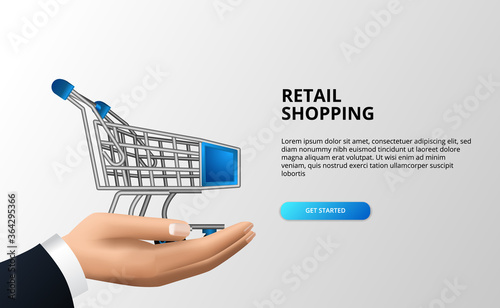 retail shopping concept with 3D trolley on the hand businessman. abstract spending cart at mart or store.