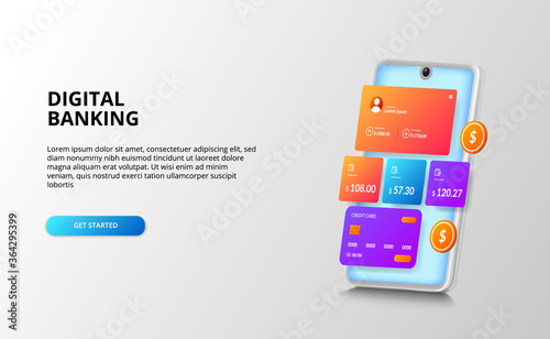 banking finance dashboard ui design concept for payment, bank, financial with credit card, golden coin, 3D perspective smartphone