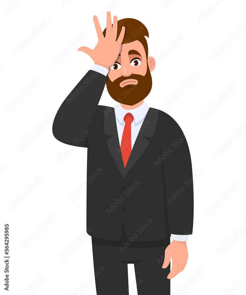Unhappy young business man holding hand on forehead with frightened expression. Confused person with frowned face expression looking stressful having headache or pain. Vector cartoon illustration. Unhappy young business man holding hand on forehead with frightened expression. Confused person with frowned face expression looking stressful having headache or pain. Vector cartoon illustration.
