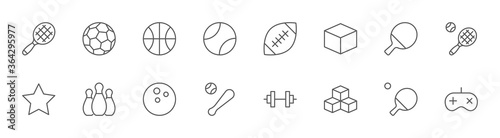 Sports Balls Icons, Hobbies, Football Basketball Bowling Tennis. Editable Stroke