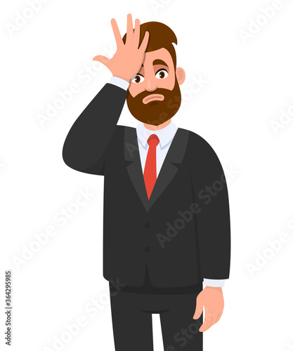 Unhappy young business man holding hand on forehead with frightened expression. Confused person with frowned face expression looking stressful having headache or pain. Vector cartoon illustration.