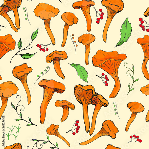 Chanterelles, orange mushroom caps, leaves, berries. Edible vegetarian organic mushrooms, seamless pattern, illustration.