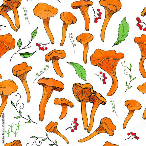 Chanterelles, orange mushroom caps, leaves, berries. Edible vegetarian organic mushrooms, seamless pattern, illustration.