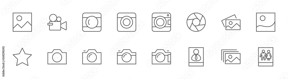 Cameras photo Line Icons. Symbols Portraits and Family Photos. Editable Stroke - obrazy, fototapety, plakaty 