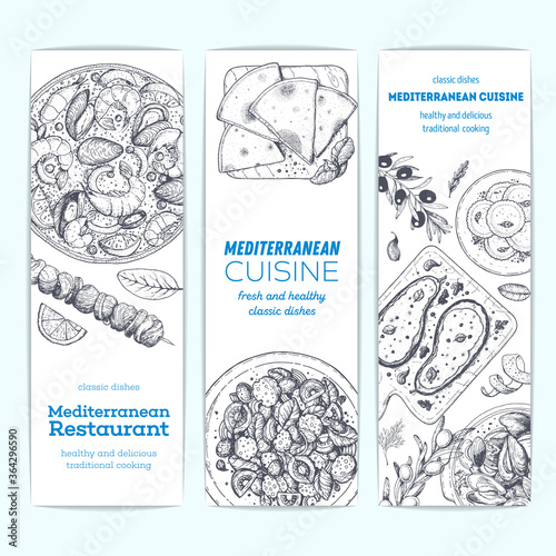 Mediterranean food banner collection. Food menu design template. Vintage hand drawn sketch, vector illustration. Engraved style illustration. Mediterranean cuisine sketch.