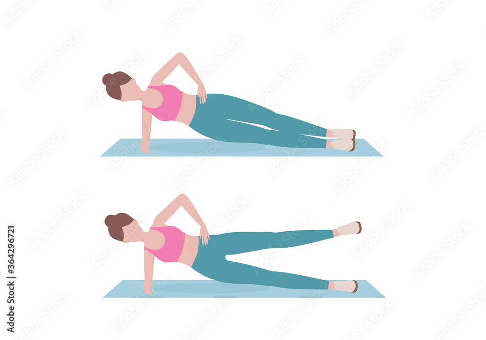 Woman doing exercises. Step by step instruction for doing Side plank hip  abduction. about side abdominal workout. Sports silhouettes. Fitness and  health concepts. Stock Vector | Adobe Stock