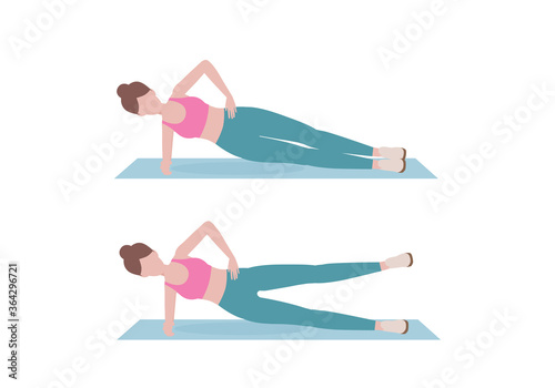 Woman doing exercises. Step by step instruction for doing  Side plank hip abduction. about side abdominal workout. Sports silhouettes. Fitness and health concepts.