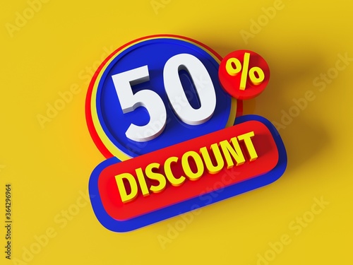 Discount 50% - 3d rendered concept banner badge design. Sale abstract creative layout. Bitmap raster digital illustration poster. Business finance sign. Advertising promotion badge. 