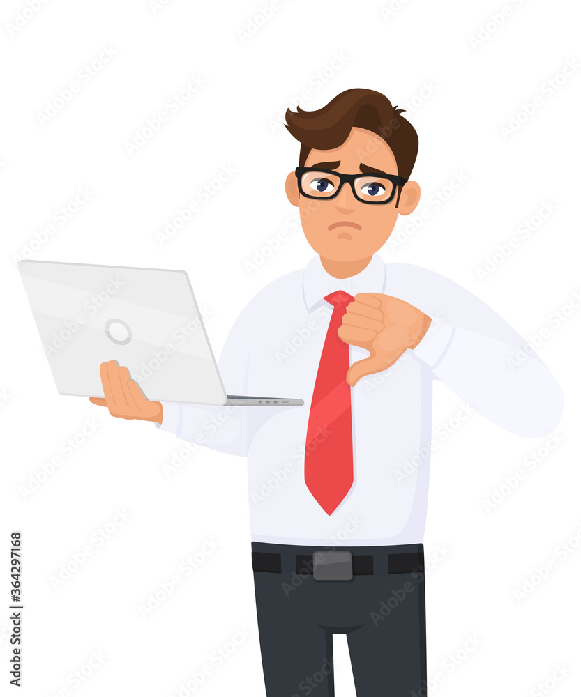Unhappy young businessman holding laptop computer and showing thumbs down gesture. Person making dislike, bad, disagree sign. Modern lifestyle, digital technology illustration in vector cartoon.
