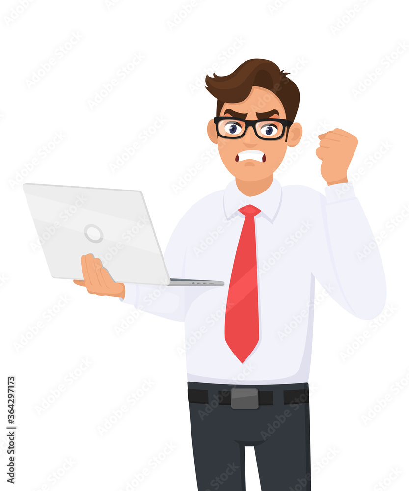 Angry young businessman holding laptop computer and making raised hand fist gesture. Frustrated person shouting or screaming. Modern lifestyle, digital technology illustration in vector cartoon. Angry young businessman holding laptop computer and making raised hand fist gesture. Frustrated person shouting or screaming. Modern lifestyle, digital technology illustration in vector cartoon.