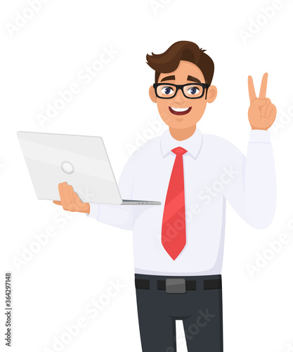 Successful young business man holding a laptop and showing victory, V or two gesture. Person making peace sign. Male character illustration. Modern lifestyle, digital technology in vector cartoon.