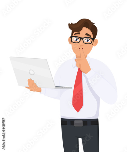 Stylish young business man holding laptop and asking silence. Keep quiet. Shut up. Trendy Person using or working computer. Male character design illustration. Modern lifestyle  in vector cartoon.