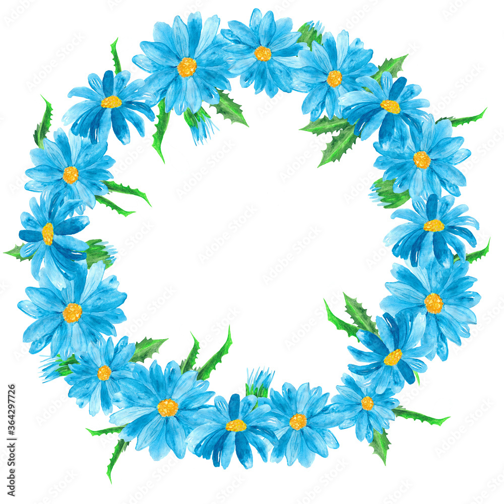 Beautiful template in the form of a flower arrangement of blue daisies for the design of postcards, photo frames, packaging, textile layout.
Circle design.