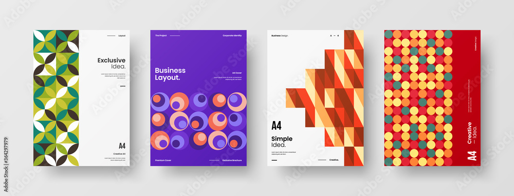 Fototapeta premium Company identity brochure template collection. Business presentation vector A4 vertical orientation front page mock up set. Corporate report cover abstract geometric illustration design layout bundle.