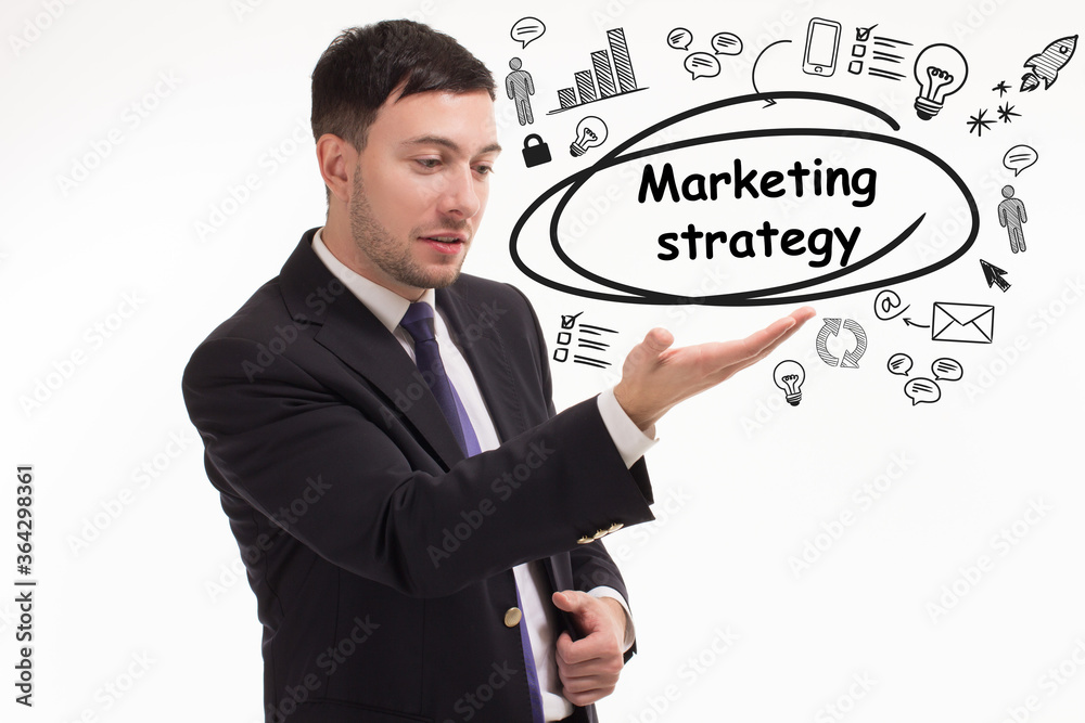 Business, technology, internet and network concept. Young businessman thinks over the steps for successful growth: Marketing strategy Business, technology, internet and network concept. Young businessman thinks over the steps for successful growth: Marketing strategy