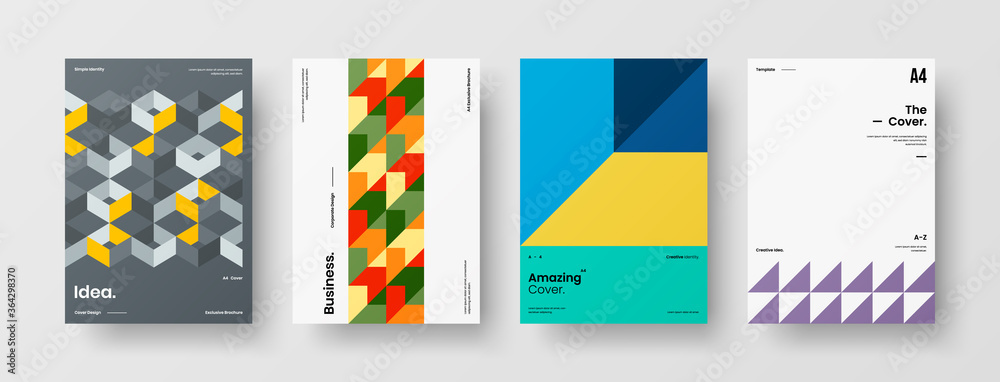 Fototapeta premium Company identity brochure template collection. Business presentation vector A4 vertical orientation front page mock up set. Corporate report cover abstract geometric illustration design layout bundle.