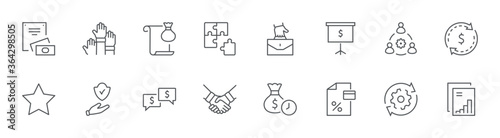 Business Cooperation Line Icons. Icons Puzzle Team Synergy Work. Editable Stroke