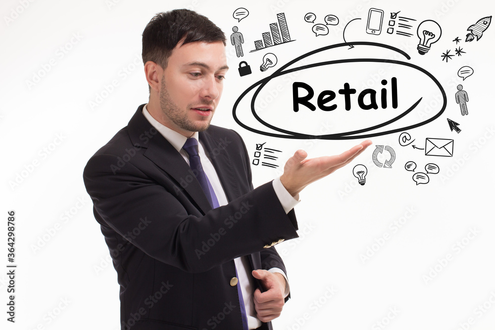 Business, technology, internet and network concept. Young businessman thinks over the steps for successful growth: Retail Business, technology, internet and network concept. Young businessman thinks over the steps for successful growth: Retail