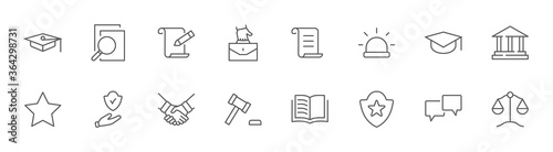 Law justice Line Icons. Icons as weapon, arrest, authority. Editable stroke