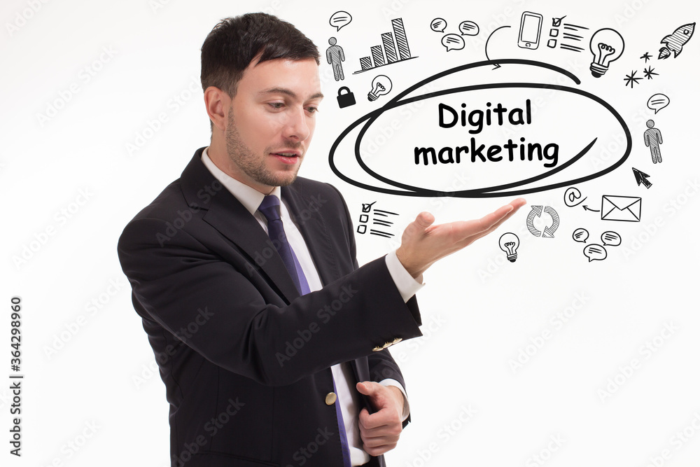 Business, technology, internet and network concept. Young businessman thinks over the steps for successful growth: Digital marketing Business, technology, internet and network concept. Young businessman thinks over the steps for successful growth: Digital marketing