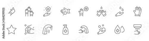 Washing Hands Line Icon. Coronavirus Water Antiseptic Hand Dryer Editable stroke