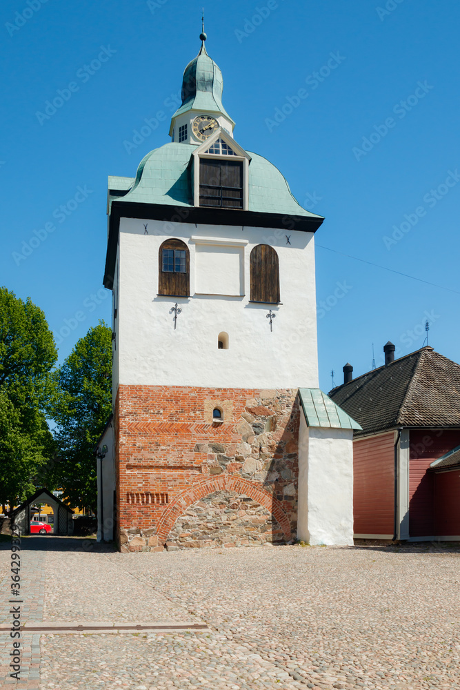 Beautiful bell tower of Porvoo Cathedral in old town of Porvoo