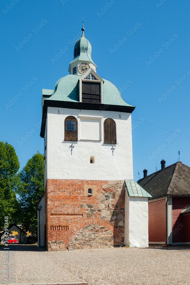 Beautiful bell tower of Porvoo Cathedral in old town of Porvoo