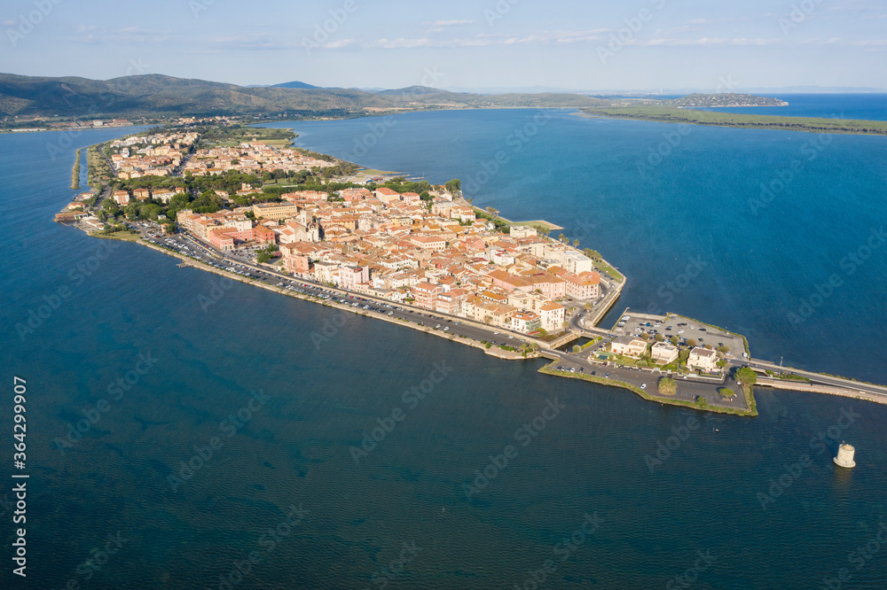 Aerial view of the seaside town of Orbetello on the tuscan coast in the maremma eastern lagoon