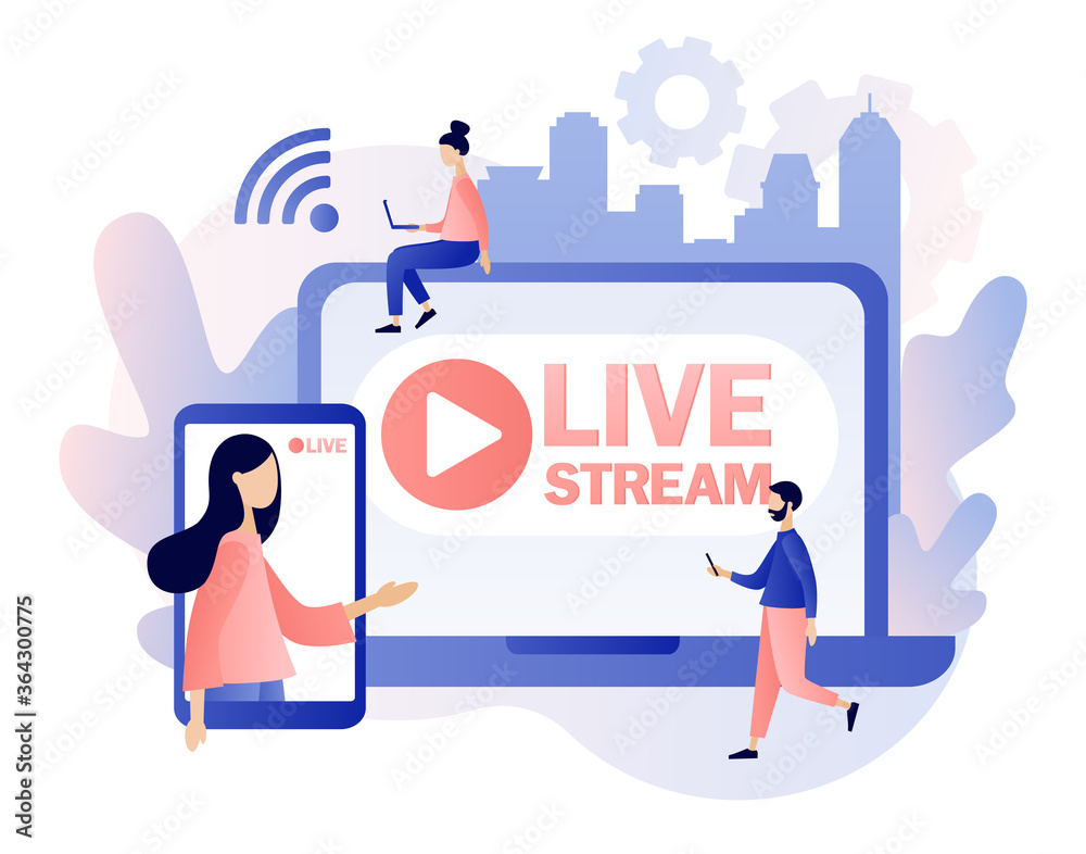 Live streaming. Tiny people that conduct and watch live stream in social networks. Online video chat. Modern flat cartoon style. Vector illustration on white background