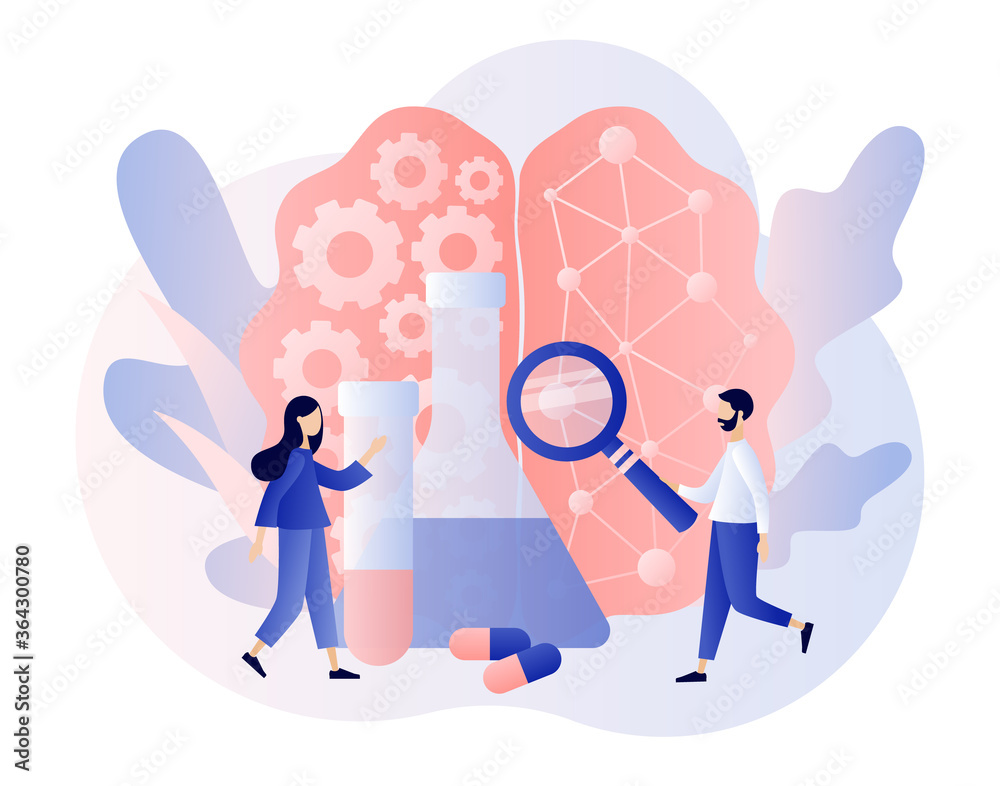 Neurology science and brain research concept. Tiny people study human ...