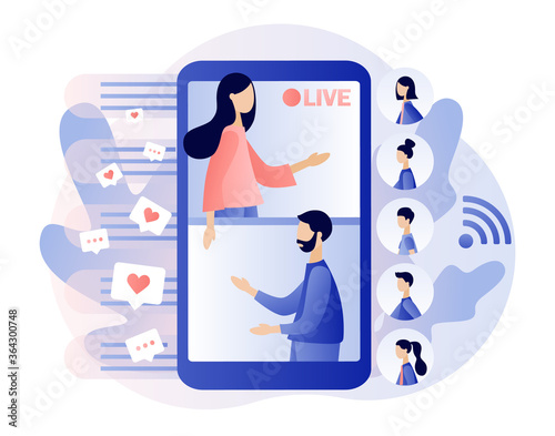 Live streaming.Two tiny blogers that conduct live stream in social networks on smartphone app and viewers comment and like. Modern flat cartoon style. Vector illustration on white background