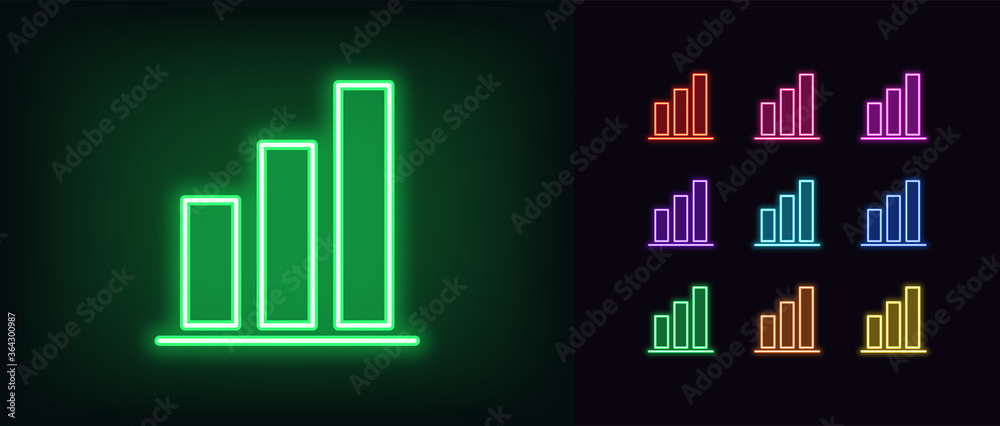 Neon upward graph icon. Glowing neon growth diagram sign, up bar chart