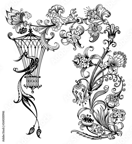 Floral and bird vector vintage illustration.