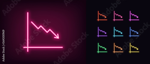 Neon downfall chart icon. Glowing neon drop chart sign, down arrow