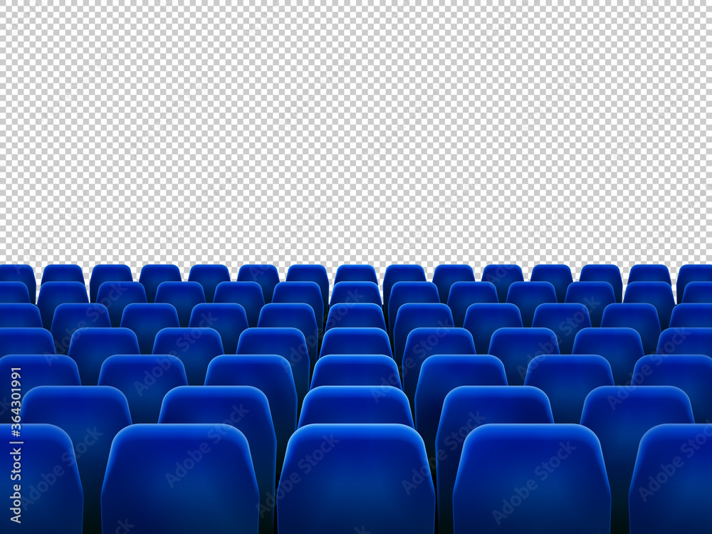 Obraz premium Isolated blue armchairs for cinema, theatre or opera. Realistic row with chairs for watching movie, seats facing transparent background, movie hall with empty scene vector illustration